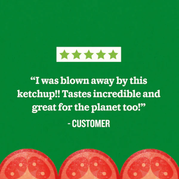 A graphic featuring a five-star rating and a customer review praising Rubies In The Rubble ketchup, set against a green background with tomato illustrations at the bottom.