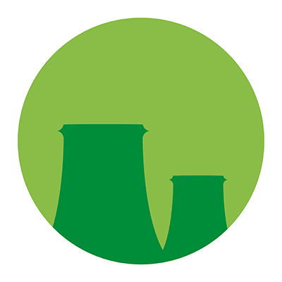 Green circular logo featuring two stylized silhouettes of industrial cooling towers, named 