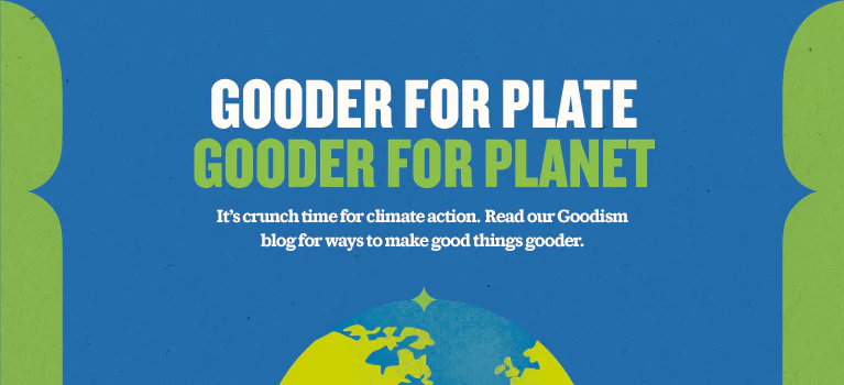 Promotional graphic with the text 'Rubies In The Rubble: gooder for plate, gooder for planet' over a stylized globe, emphasizing climate action, flanked by green backgrounds.