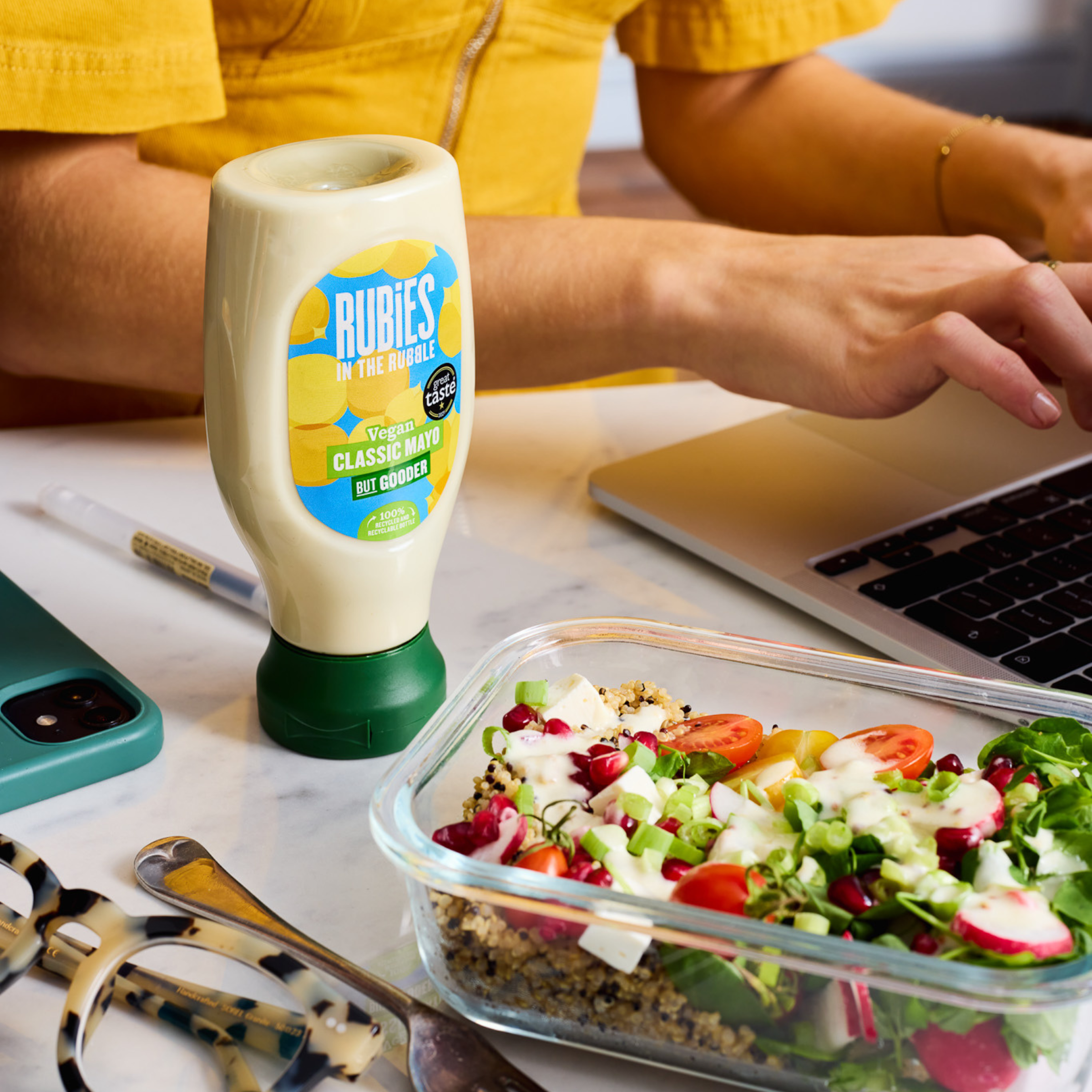 Lifestyle image of classic mayo bottle with a salad