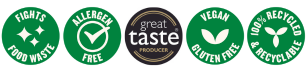 product icons that include: Fights food waste Allergen free Great taste producer Vegan & Gluten free 100% Recycled & Recyclable